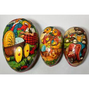 Vintage West Germany Hand Painted Paper Mache Nestler Easter Cat Moped Lot 3
